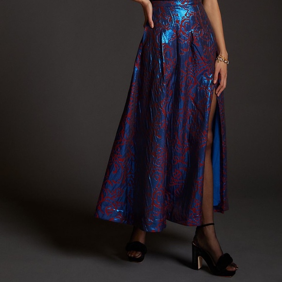 Maeve Anthropologie Pleated Blue Motif Shimmer Maxi Skirt Women’s Sz 6